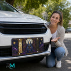 woman with mystic oracle vanity plate — deep indigo gold oracle celestial front license plate