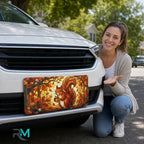 woman with autumn squirrel vanity plate — warm amber squirrel acorn autumn leaves front license plate