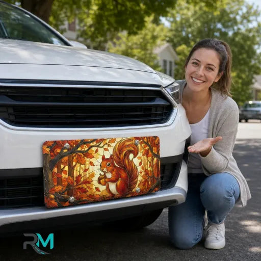 woman with autumn squirrel vanity plate — warm amber squirrel acorn autumn leaves front license plate