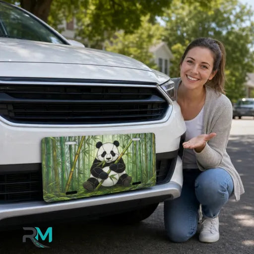 woman with panda bamboo vanity plate — soft green panda bamboo front license plate