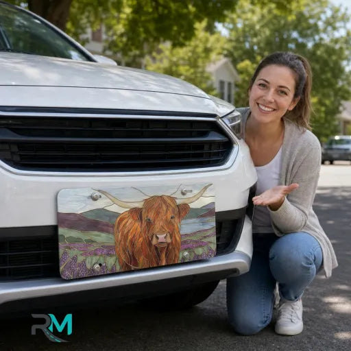 woman with highland cow vanity plate — warm ochre lavender pastoral front license plate