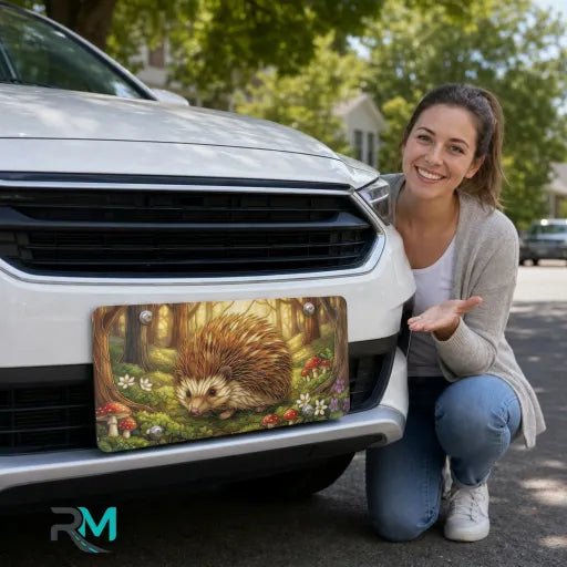 woman with woodland hedgehog vanity plate — golden green hedgehog mushroom front license plate