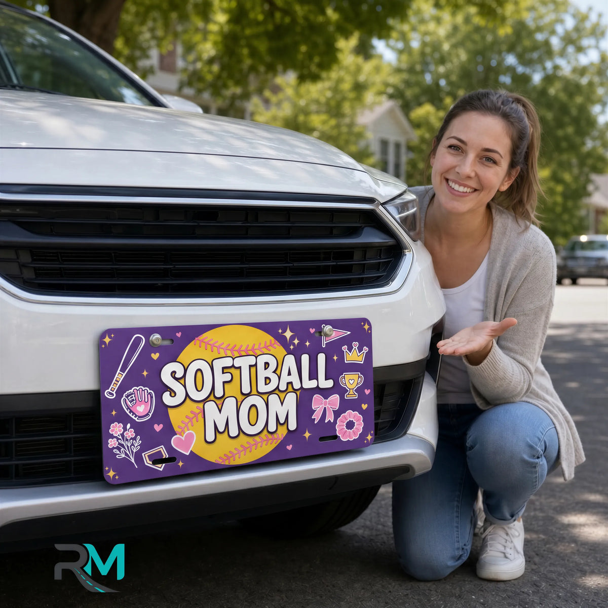 woman with softball mom vanity plate — purple softball bat front license plate