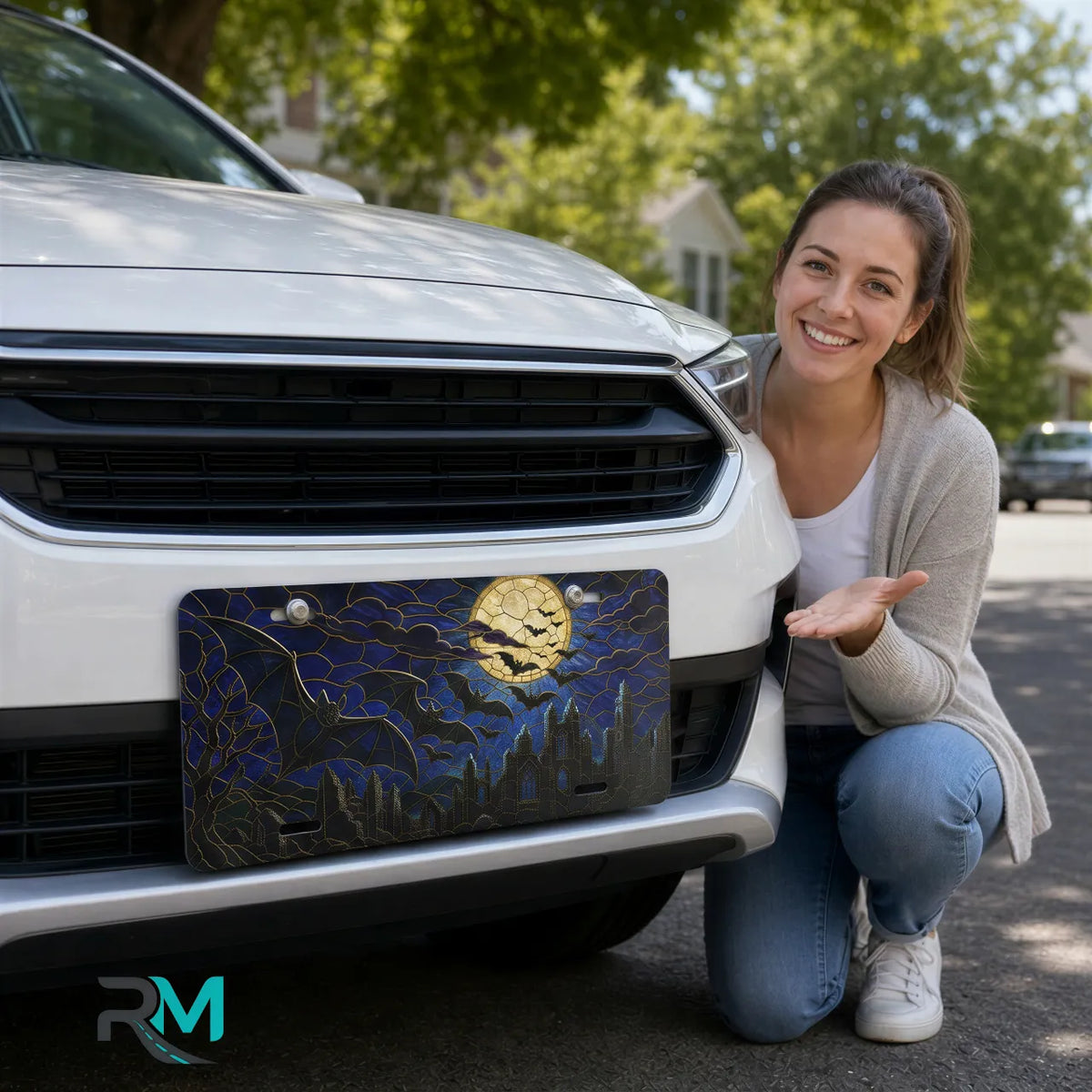 woman with full moon bats gothic vanity plate — midnight blue bat cracked moon front license plate