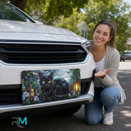 woman with black cat stained glass vanity plate — jewel tone black cat moon front license plate