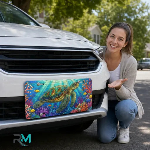 woman with sea turtle vanity plate — vivid ocean blue coral reef front license plate