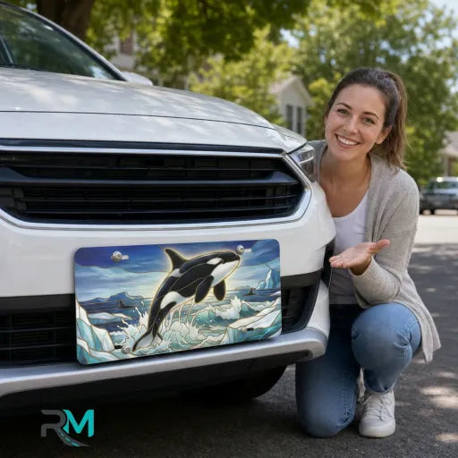 woman with orca whale vanity plate — vivid orca icy blue ocean front license plate