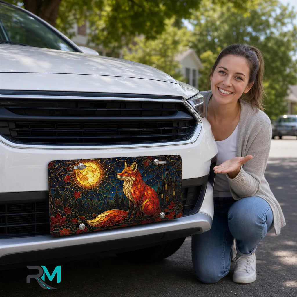 woman with fox moon vanity plate — jewel tone fox glowing moon autumn front license plate