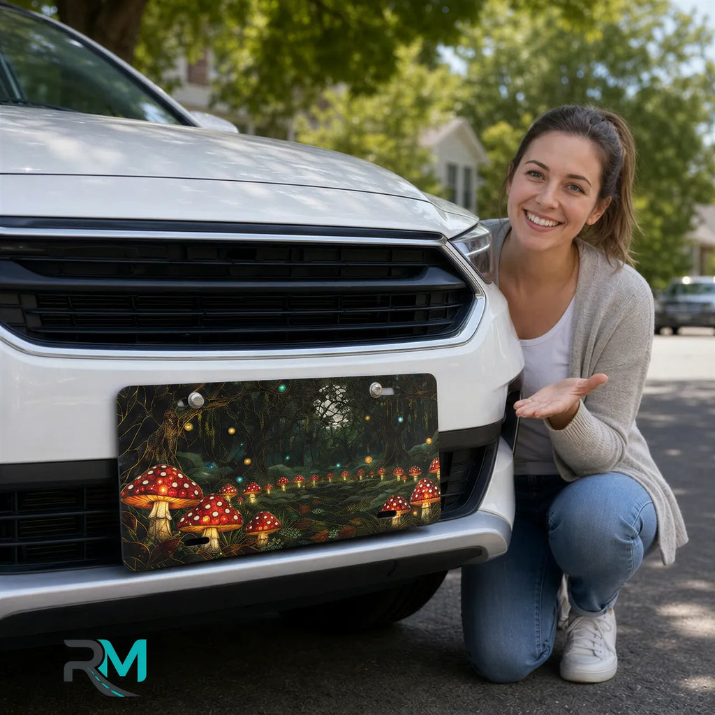 woman with enchanted mushroom forest vanity plate — glowing toadstool firefly front license plate