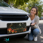 woman with enchanted mushroom forest vanity plate — glowing toadstool firefly front license plate