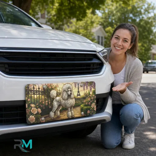 woman with poodle Paris vanity plate — Eiffel Tower garden poodle front license plate