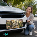 woman with poodle Paris vanity plate — Eiffel Tower garden poodle front license plate