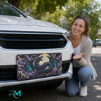 woman with blue dragon moon fantasy vanity plate — jewel blue teal dragon lightning front license plate