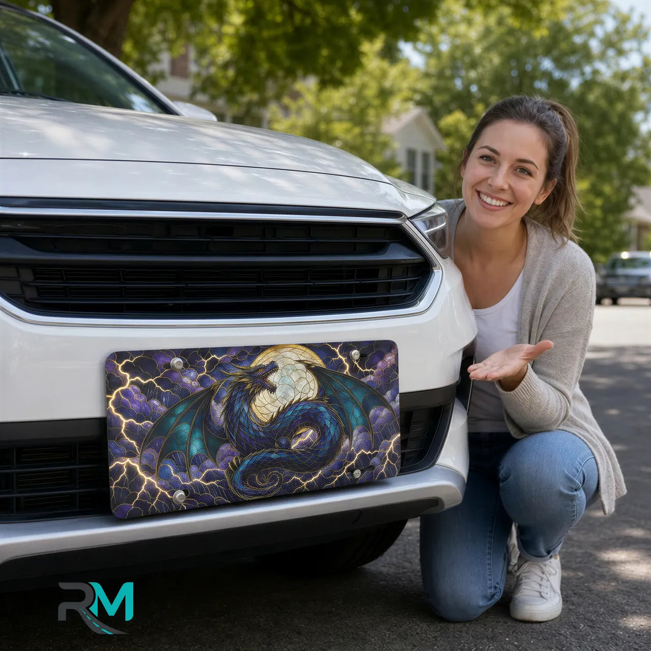 woman with blue dragon moon fantasy vanity plate — jewel blue teal dragon lightning front license plate