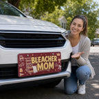 woman with bleacher mom vanity plate — maroon folding chair megaphone front license plate