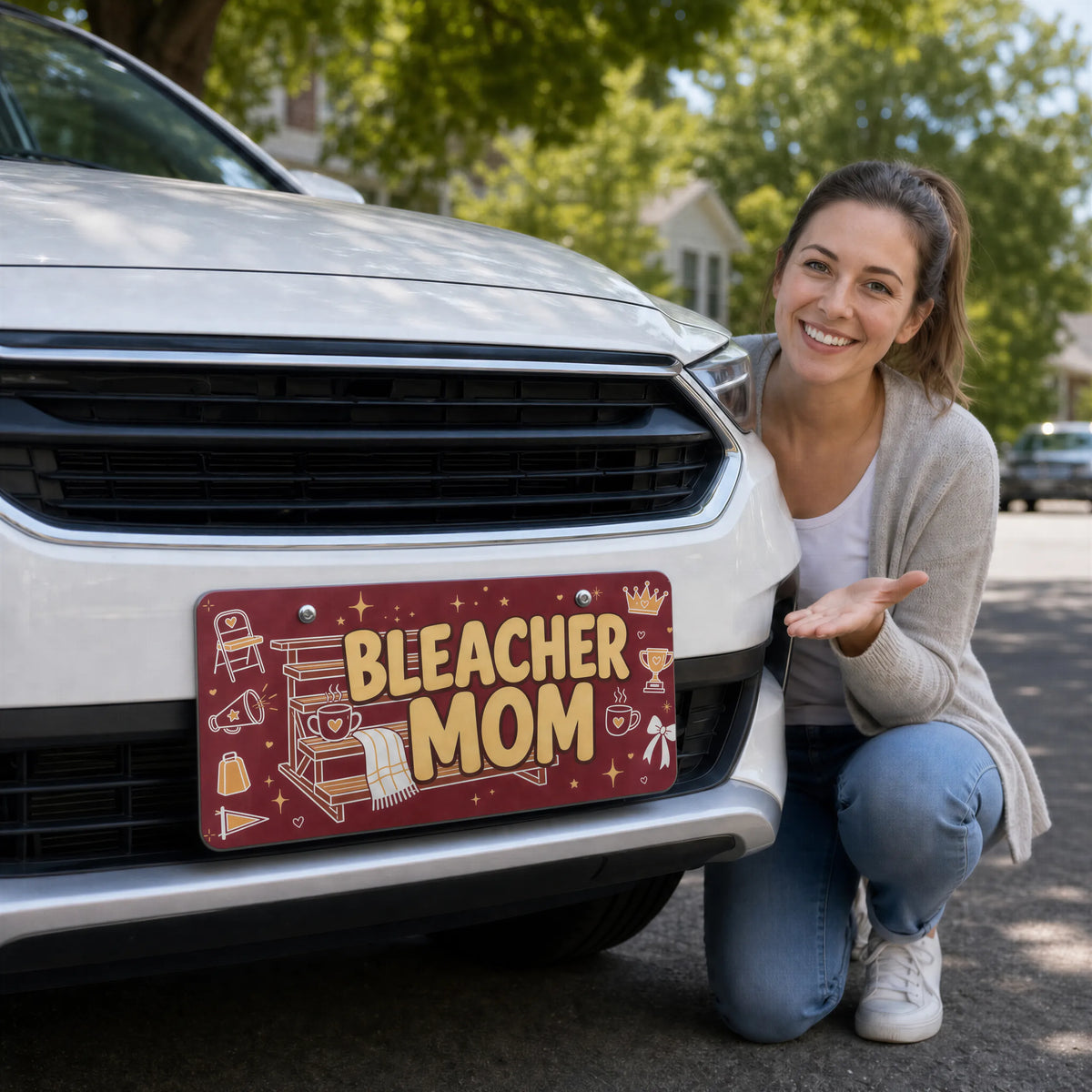 woman with bleacher mom vanity plate — maroon folding chair megaphone front license plate