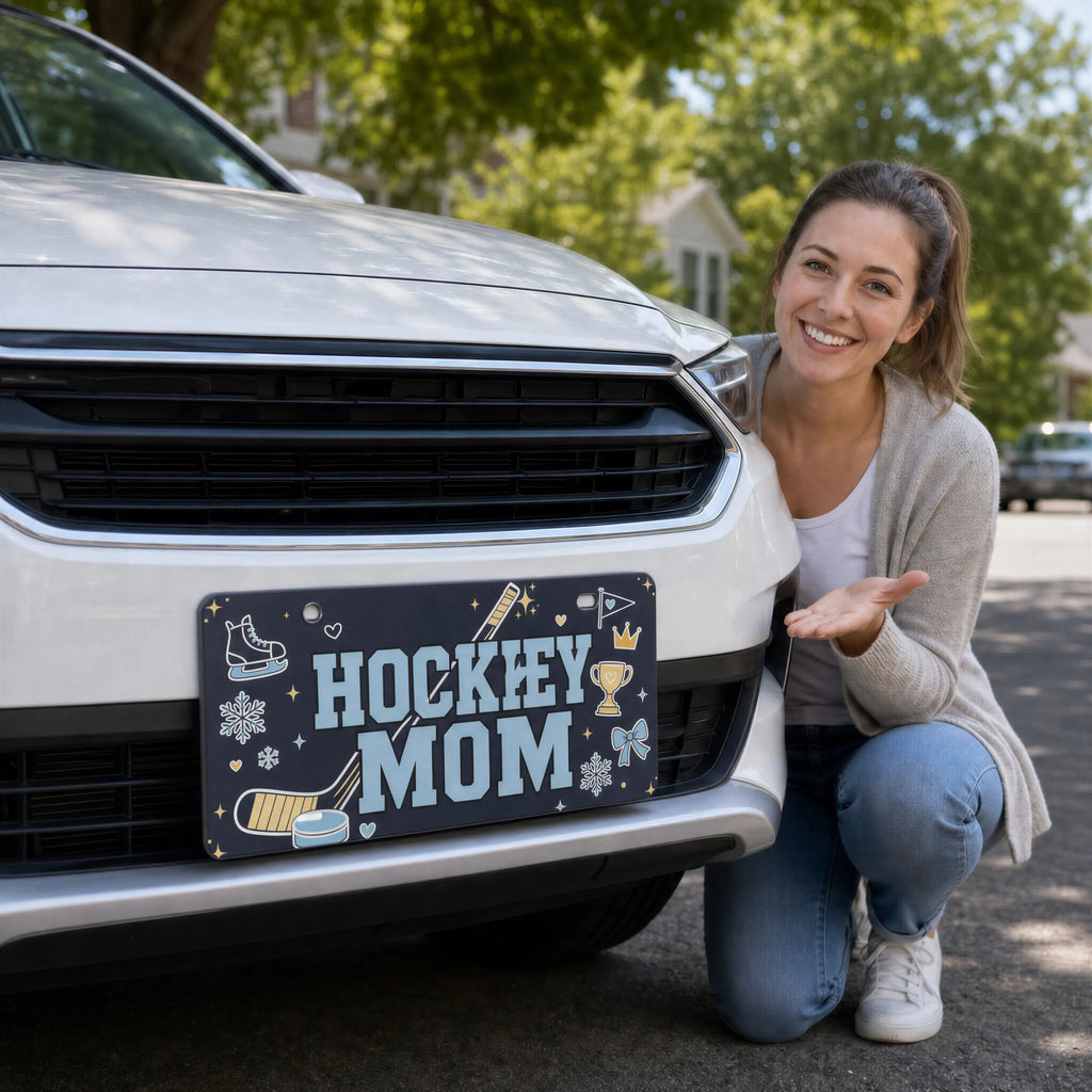 woman with hockey mom vanity plate — navy hockey stick skate front license plate