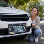 woman with hockey mom vanity plate — navy hockey stick skate front license plate