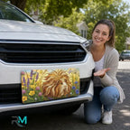 woman with guinea pig meadow vanity plate — fluffy guinea pig wildflower front license plate