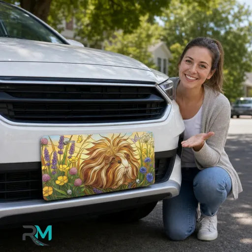 woman with guinea pig meadow vanity plate — fluffy guinea pig wildflower front license plate