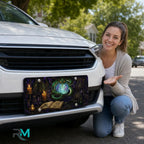 woman with green serpent crystal ball vanity plate — jewel green serpent orb front license plate