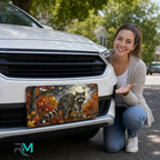 woman with moonlit raccoon vanity plate — warm amber rust raccoon front license plate