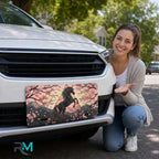 woman with black unicorn cherry blossoms vanity plate — midnight black unicorn blush front license plate
