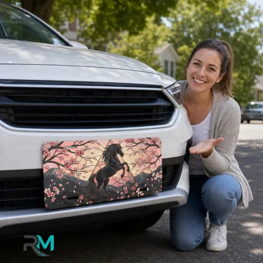 woman with black unicorn cherry blossoms vanity plate — midnight black unicorn blush front license plate