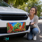 woman with green iguana vanity plate — jewel green iguana desert canyon front license plate