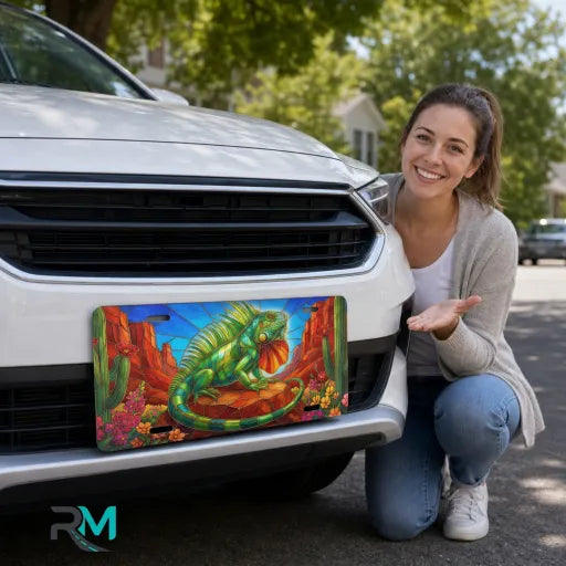 woman with green iguana vanity plate — jewel green iguana desert canyon front license plate