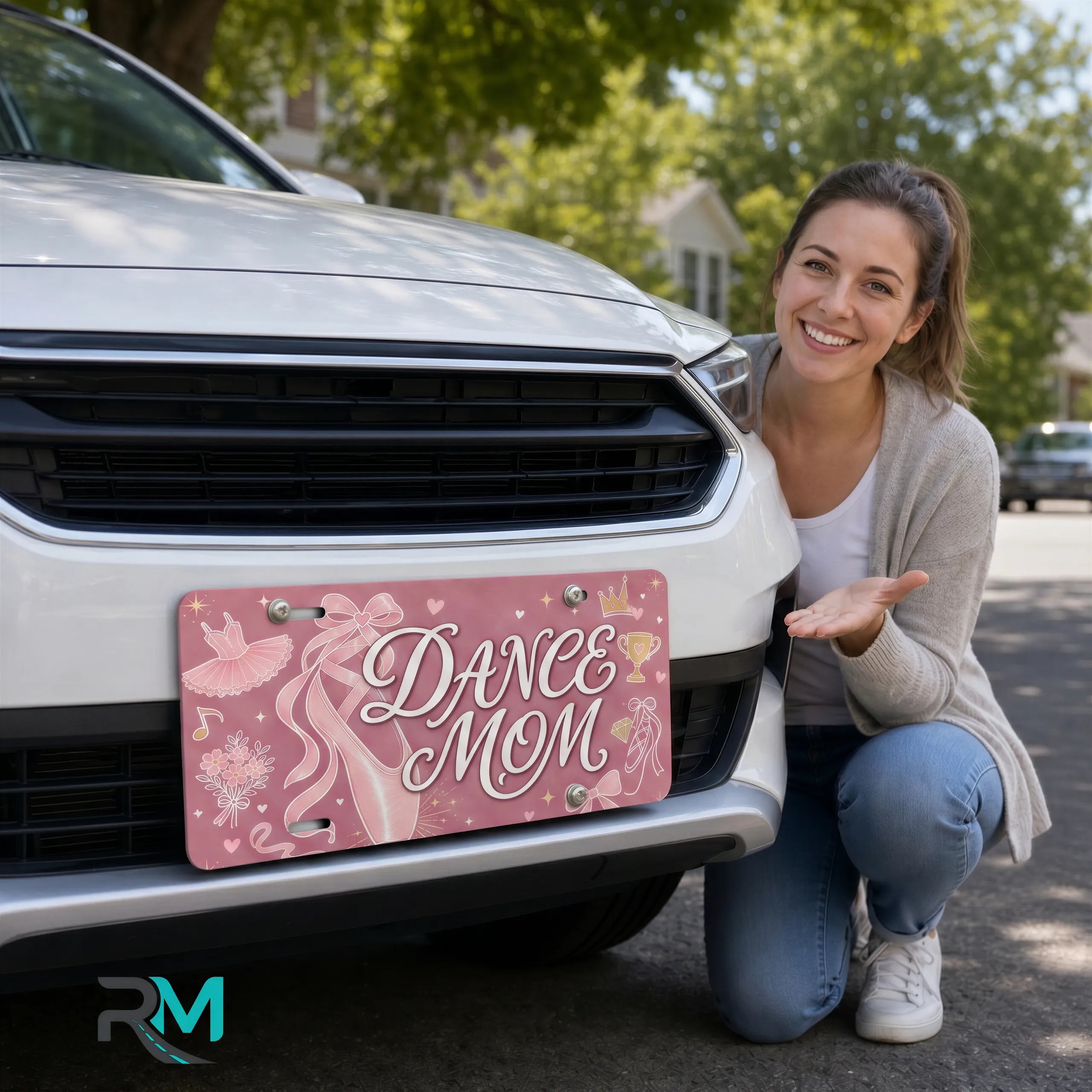 woman with dance mom vanity plate — soft rose ballet slipper front license plate