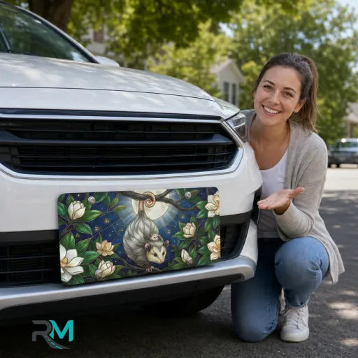 woman with opossum moon vanity plate — moonlit opossum magnolia front license plate