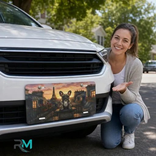 woman with french bulldog paris vanity plate — Eiffel Tower rooftop sunset front license plate