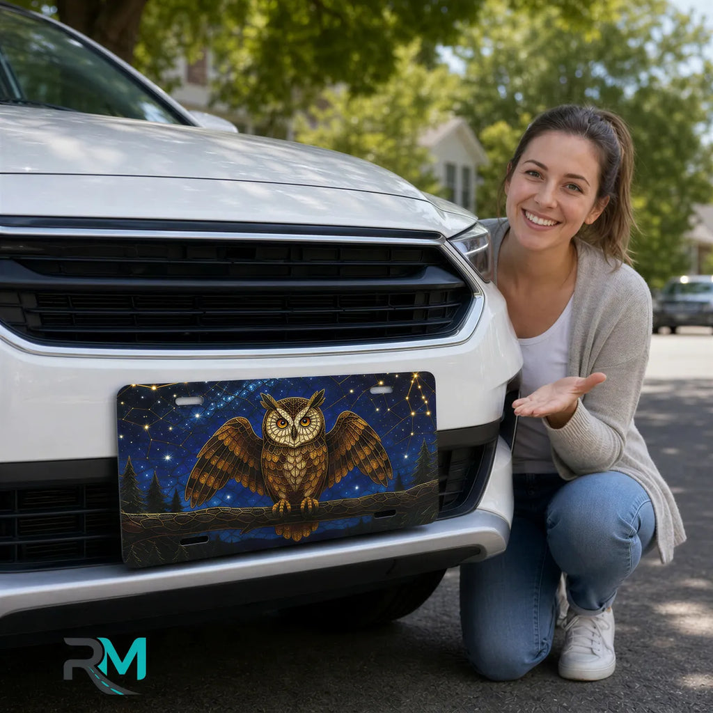 woman with owl constellation vanity plate — midnight owl moonlit branch stars front license plate