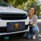 woman with owl constellation vanity plate — midnight owl moonlit branch stars front license plate