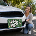 woman with soccer mom vanity plate — pink soccer ball green front license plate