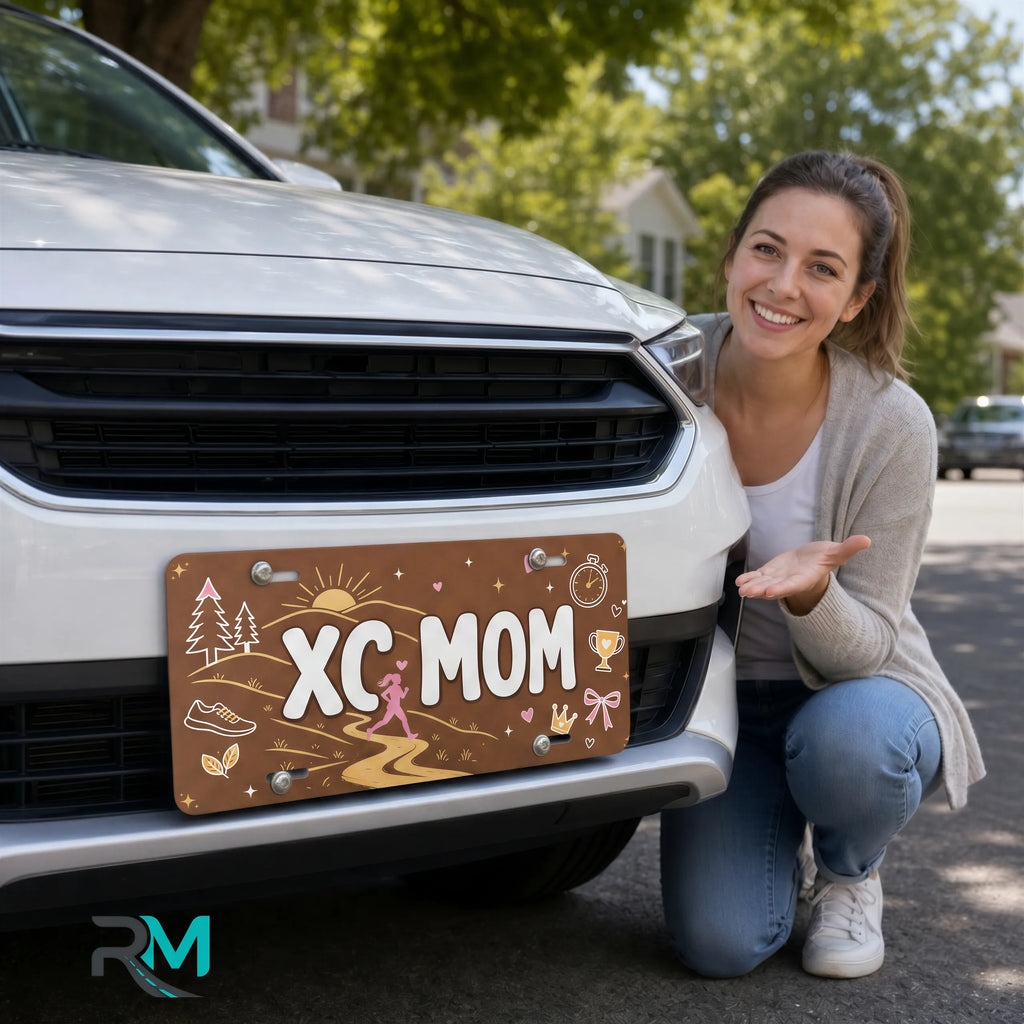 woman with xc mom vanity plate — earthy trail XC MOM front license plate