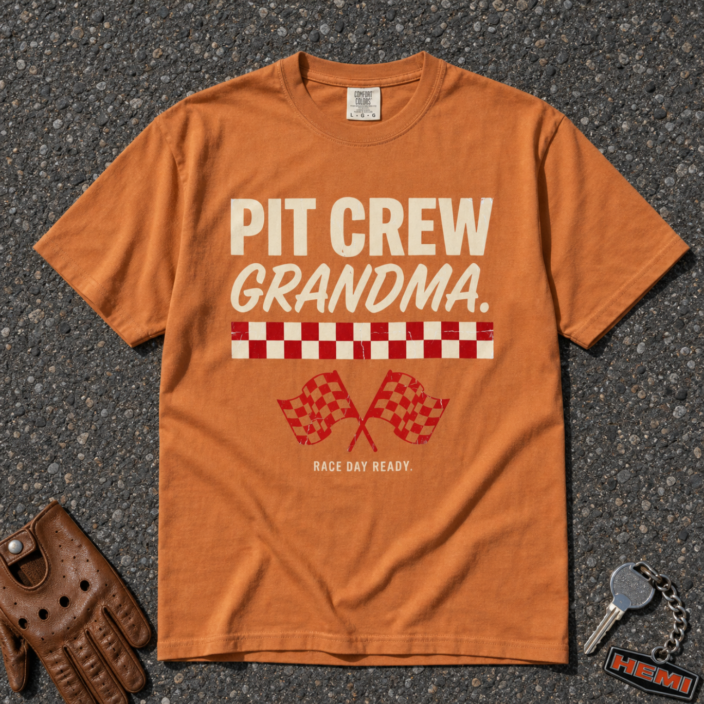 yam pit crew grandma graphic tee — crossed flags retro race day comfort colors shirt